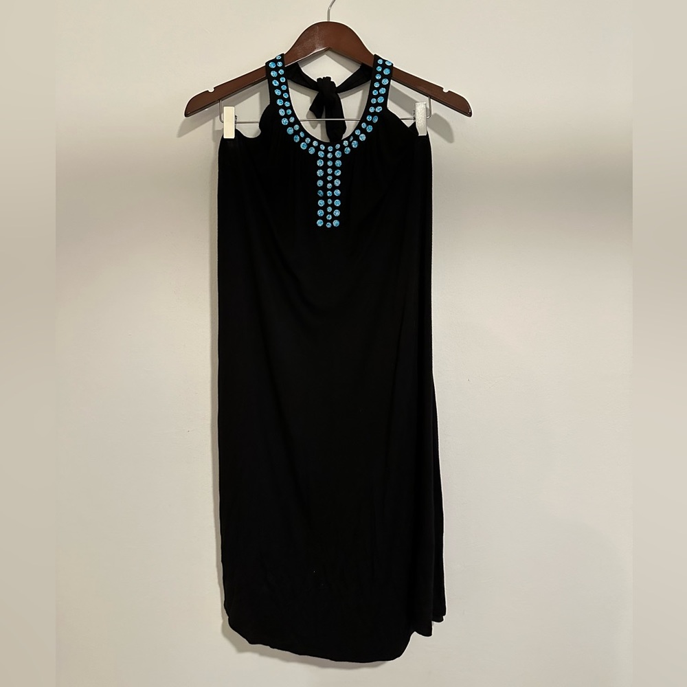 Black Halter Dress with Blue Flat Beading